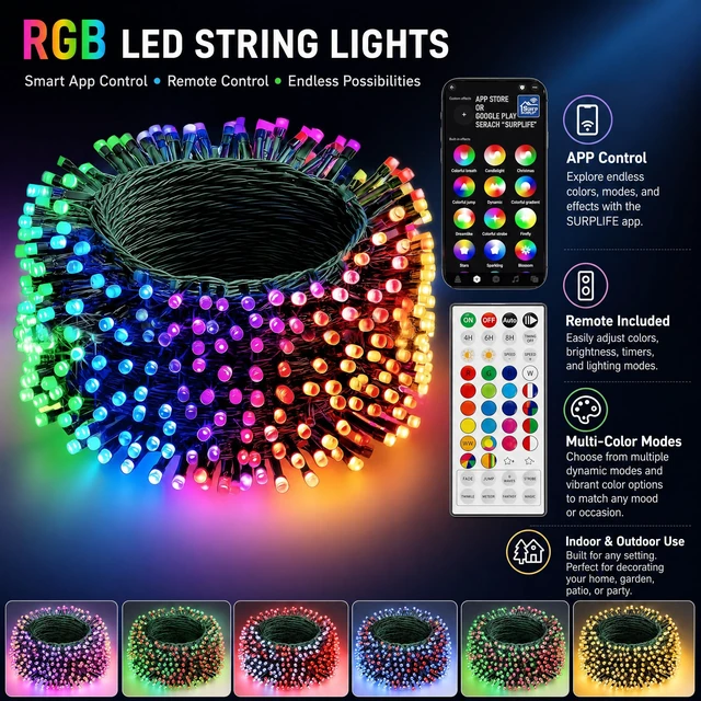 Alt view image 3 of 7 - Smart Christmas String Lights, 165FT 500 LED RGB Color Changing Lights with App & 44-Key Remote Control, Music Sync, Timer, Indoor Outdoor Xmas Tree Halloween Holiday Party