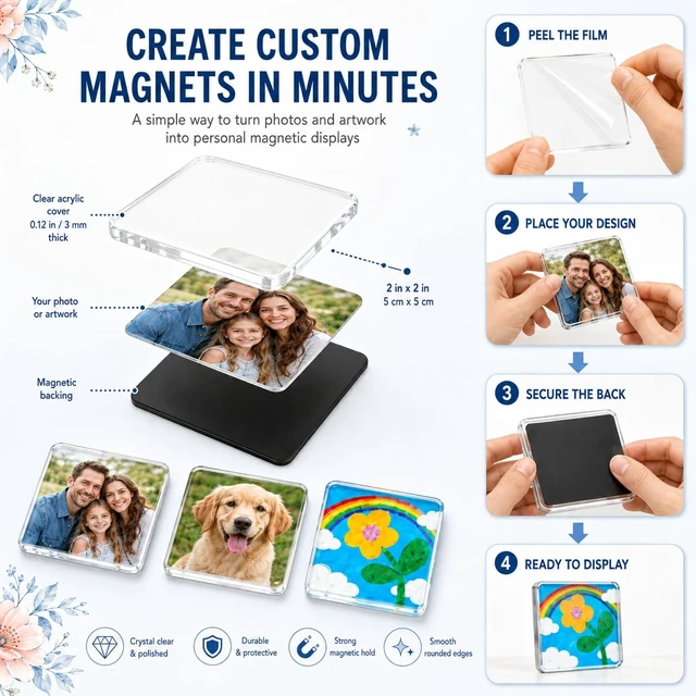 Alt view image 2 of 7 - Clear Acrylic Magnet Kit DIY Custom Magnets Photo Square Set 20Pcs