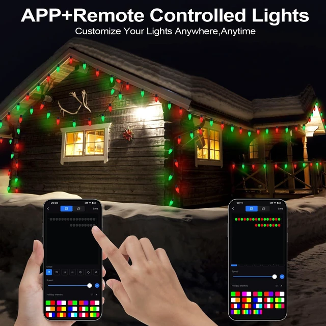 Alt view image 3 of 7 - Gemce Smart C9 Christmas Outdoor Lights , 99FT 100 Leds, APP Remote Controlled RGB String Lights , DIY Chasing Xmas Lights, Color Changing with Timer & Music Sync for Holiday Xmas Tree Decoration