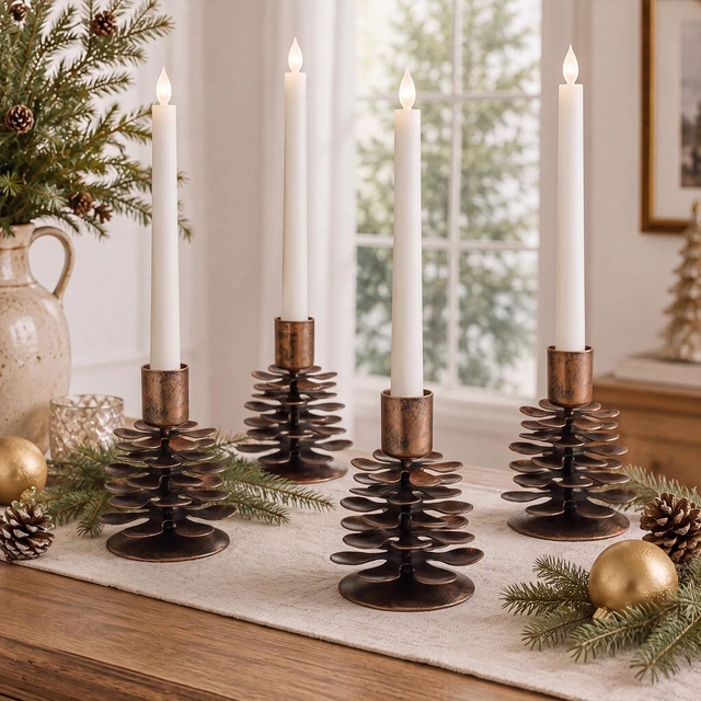 Main image of Yungyan 4 Pcs Christmas Pine Cone Taper Candle Holders 3.1 Inch Metal