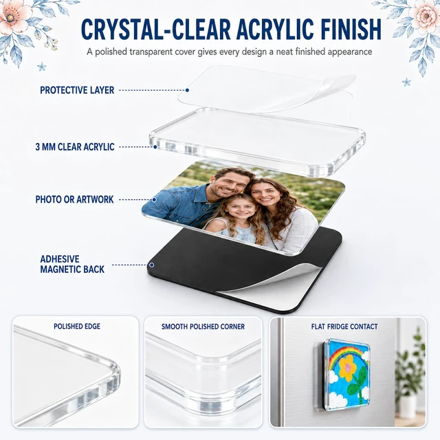 Alt view image 5 of 7 - Clear Acrylic Magnet Kit DIY Custom Magnets Photo Square Set 20Pcs