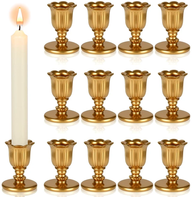 Main image of 12 Pcs Gold Taper Candle Holders Brass Style Candlestick Holders Victorian Style Wedding Centerpiece Vintage Home Decor Christmas Mantel Decoration Fits Standard Taper Candles