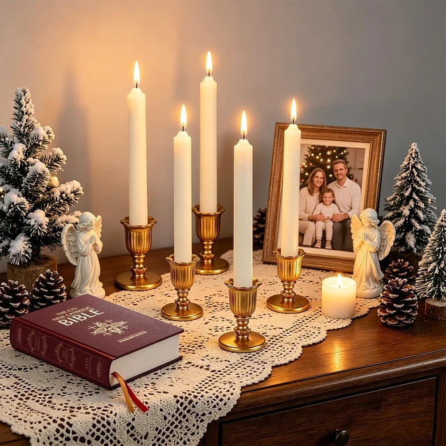 Alt view image 2 of 7 - 12 Pcs Gold Taper Candle Holders Brass Style Candlestick Holders Victorian Style Wedding Centerpiece Vintage Home Decor Christmas Mantel Decoration Fits Standard Taper Candles
