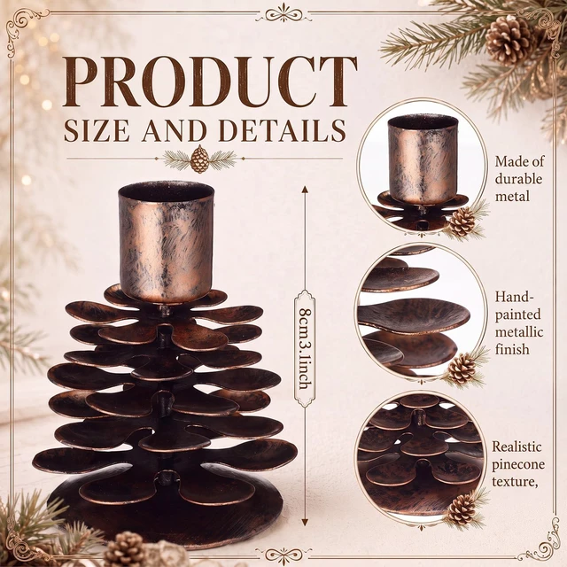 Alt view image 2 of 7 - Yungyan 4 Pcs Christmas Pine Cone Taper Candle Holders 3.1 Inch Metal