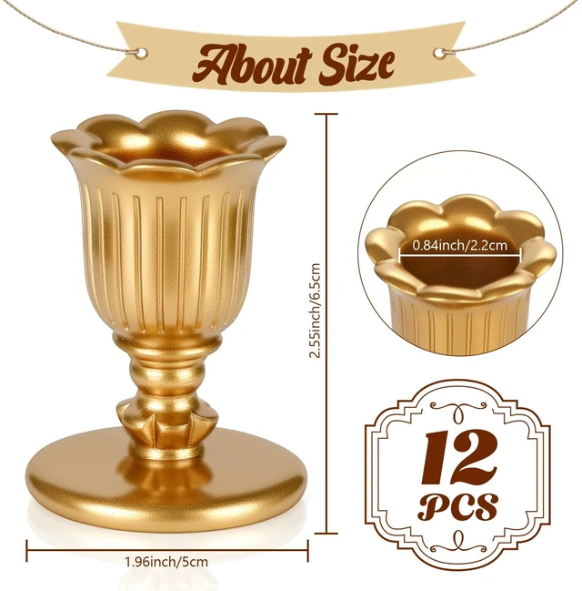 Alt view image 3 of 7 - 12 Pcs Gold Taper Candle Holders Brass Style Candlestick Holders Victorian Style Wedding Centerpiece Vintage Home Decor Christmas Mantel Decoration Fits Standard Taper Candles