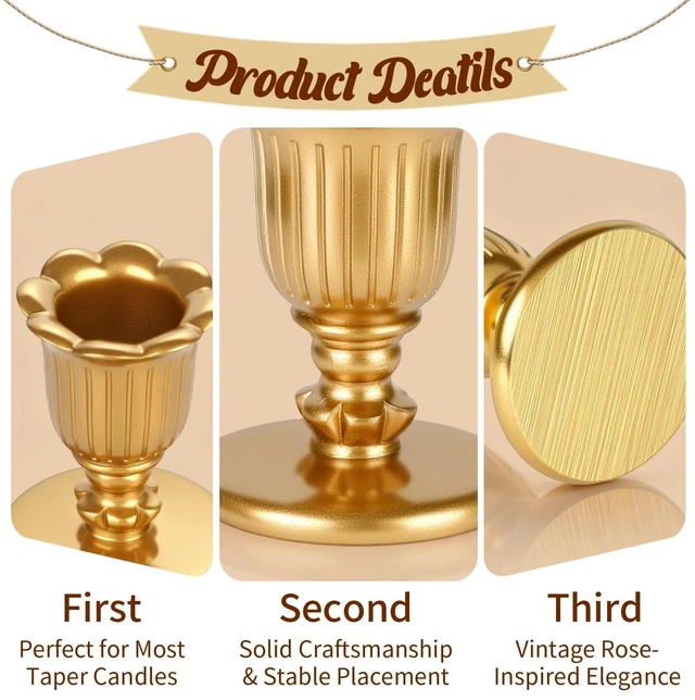 Alt view image 4 of 7 - 12 Pcs Gold Taper Candle Holders Brass Style Candlestick Holders Victorian Style Wedding Centerpiece Vintage Home Decor Christmas Mantel Decoration Fits Standard Taper Candles