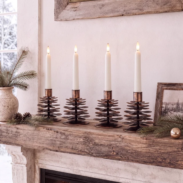 Alt view image 5 of 7 - Yungyan 4 Pcs Christmas Pine Cone Taper Candle Holders 3.1 Inch Metal