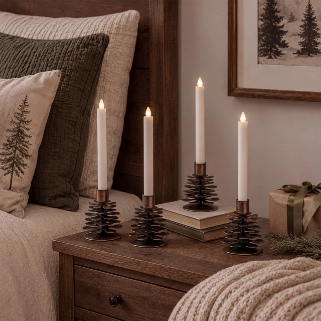 Alt view image 6 of 7 - Yungyan 4 Pcs Christmas Pine Cone Taper Candle Holders 3.1 Inch Metal