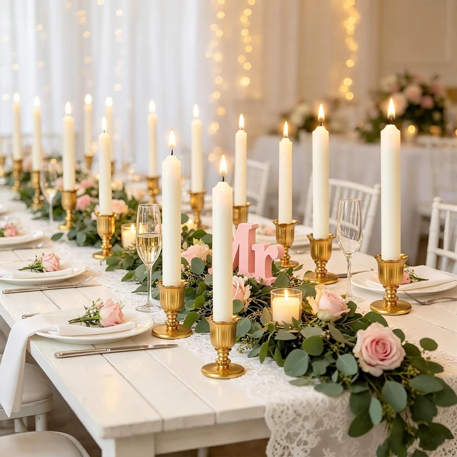 Alt view image 6 of 7 - 12 Pcs Gold Taper Candle Holders Brass Style Candlestick Holders Victorian Style Wedding Centerpiece Vintage Home Decor Christmas Mantel Decoration Fits Standard Taper Candles