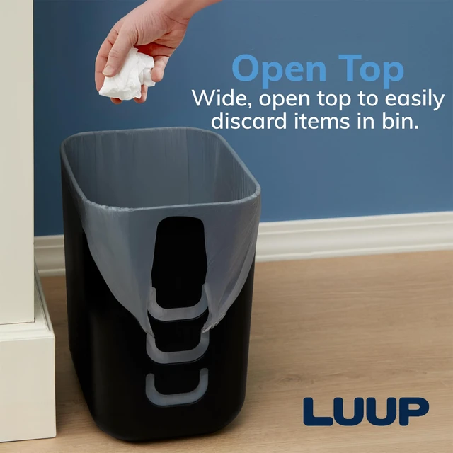 Alt view image 6 of 7 - STORi Luup Trash Can (Black) - Reuse Grocery Bags - Plastic Garbage Container for Bathroom, Vanity, Laundry Room, Kitchen, Office, Garage - 2.5 Gallon Wastebasket with Hooks to Secure Trash Bags