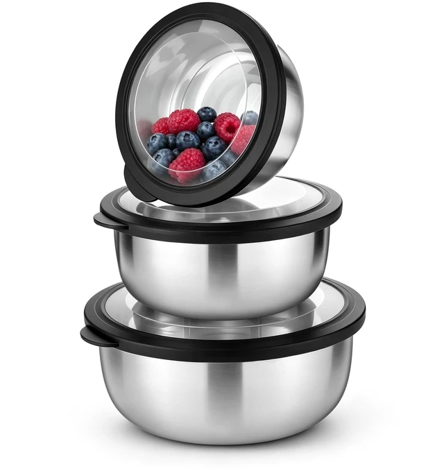 Main image of P&P CHEF Mixing Bowls with Lids Set of 3, Black Stainless Steel Salad Bowl