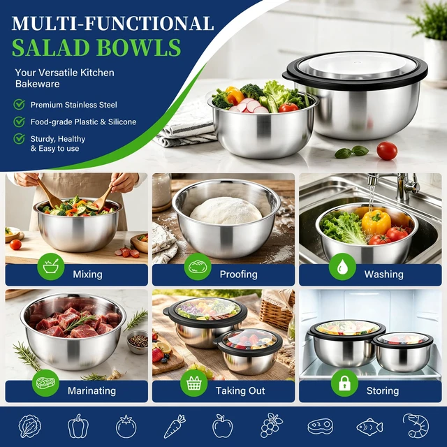 Alt view image 5 of 7 - P&P CHEF Mixing Bowls with Lids Set of 3, Black Stainless Steel Salad Bowl