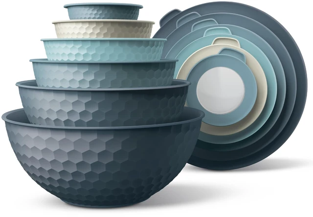 Main image of COOK WITH COLOR Mixing Bowls with Lids - 12 Piece Plastic Nesting Bowls Set includes 6 Prep Bowls and 6 Lids, Microwave Safe Mixing Bowl Set, Blue Embossed