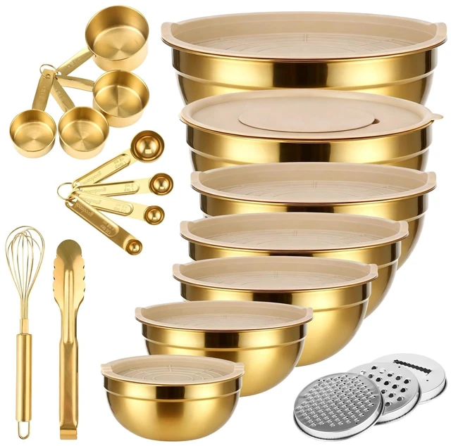 Main image of 20 PCS Gold Mixing Bowls with Lids Set - 7 Mixing Bowls with 3 Graters, 8 Measuring Spoons, 1 Whisk, and 1 Food Tong, Nesting Bowl Set for Baking, Cooking, Meal Prep