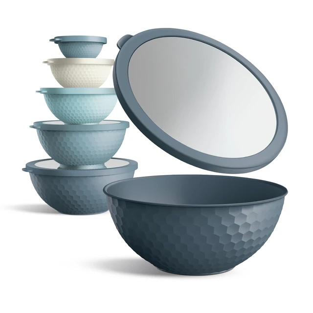 Alt view image 2 of 7 - COOK WITH COLOR Mixing Bowls with Lids - 12 Piece Plastic Nesting Bowls Set includes 6 Prep Bowls and 6 Lids, Microwave Safe Mixing Bowl Set, Blue Embossed