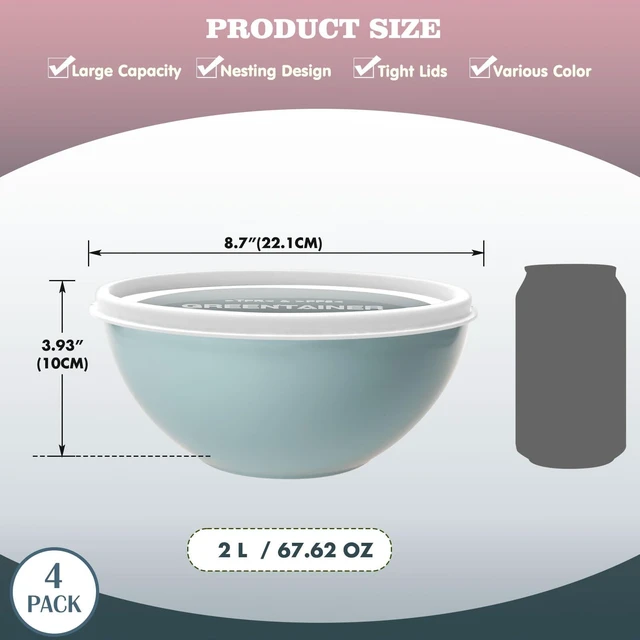 Alt view image 2 of 6 - Greentainer 4-Piece Plastic Mixing Bowl Set with Lids for Kitchen, 67oz Lightweight Storage Bowls, Large Salad Bowls for Baking, Prepping, Cooking and Serving Food, Dishwasher & Microwave Safe