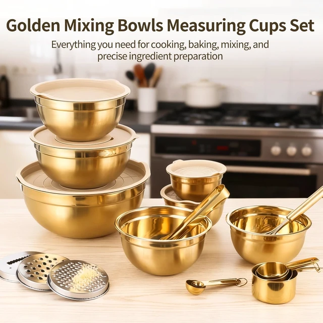 Alt view image 2 of 6 - 20 PCS Gold Mixing Bowls with Lids Set - 7 Mixing Bowls with 3 Graters, 8 Measuring Spoons, 1 Whisk, and 1 Food Tong, Nesting Bowl Set for Baking, Cooking, Meal Prep