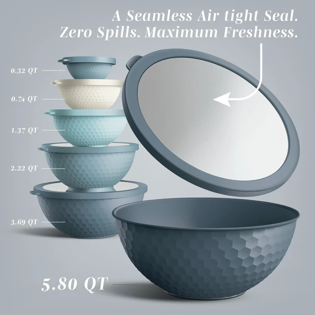 Alt view image 3 of 7 - COOK WITH COLOR Mixing Bowls with Lids - 12 Piece Plastic Nesting Bowls Set includes 6 Prep Bowls and 6 Lids, Microwave Safe Mixing Bowl Set, Blue Embossed