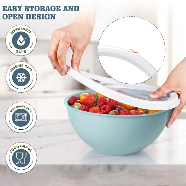 Alt view image 4 of 6 - Greentainer 4-Piece Plastic Mixing Bowl Set with Lids for Kitchen, 67oz Lightweight Storage Bowls, Large Salad Bowls for Baking, Prepping, Cooking and Serving Food, Dishwasher & Microwave Safe