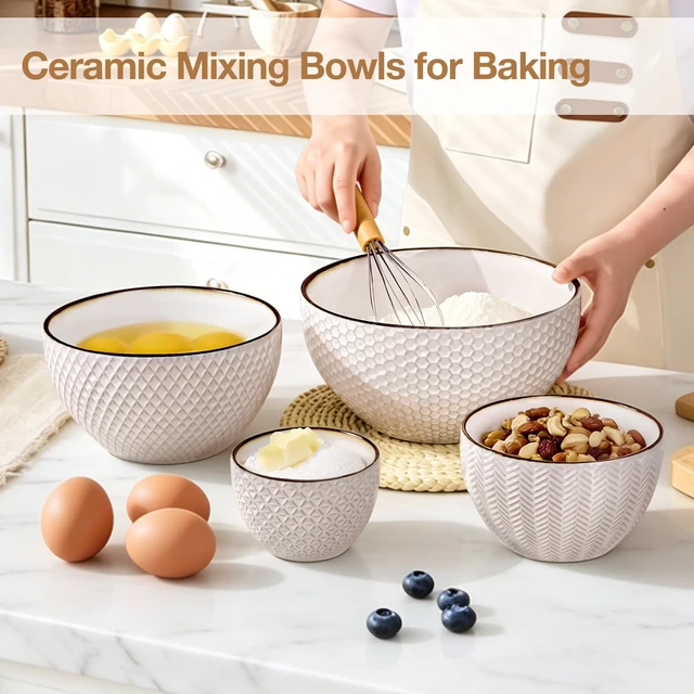 Alt view image 2 of 7 - Ceramic Mixing Bowls set of 4 for Baking sourdough White