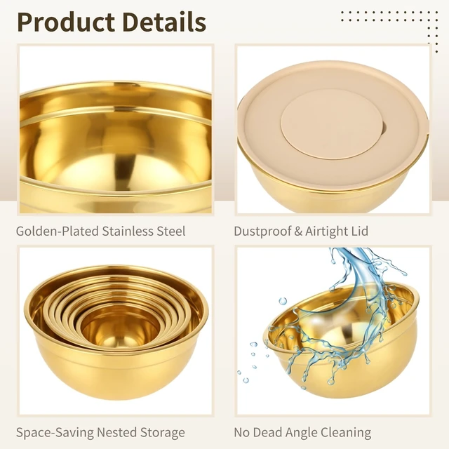 Alt view image 3 of 6 - 20 PCS Gold Mixing Bowls with Lids Set - 7 Mixing Bowls with 3 Graters, 8 Measuring Spoons, 1 Whisk, and 1 Food Tong, Nesting Bowl Set for Baking, Cooking, Meal Prep