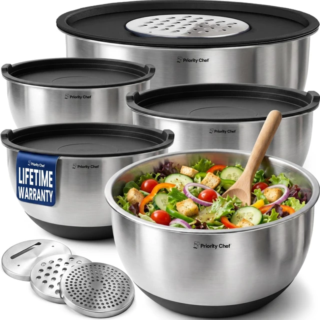 Main image of Priority Chef Stainless Steel Mixing Bowls with Lids Set, 3 Grater Attachments, Airtight Lids, Non-Slip Silicone Base Mixing Bowl Set, Large Prep Metal Mixing Bowls for Kitchen, Black