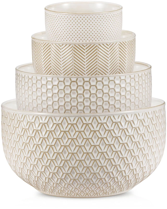 Main image of KooK Ceramic Nesting Bowls, Embossed, Oven Safe, Set of 4, Ivory