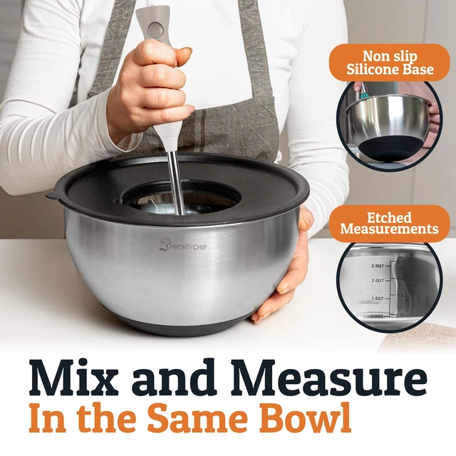Alt view image 2 of 7 - Priority Chef Stainless Steel Mixing Bowls with Lids Set, 3 Grater Attachments, Airtight Lids, Non-Slip Silicone Base Mixing Bowl Set, Large Prep Metal Mixing Bowls for Kitchen, Black