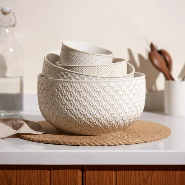 Alt view image 2 of 7 - KooK Ceramic Nesting Bowls, Embossed, Oven Safe, Set of 4, Ivory