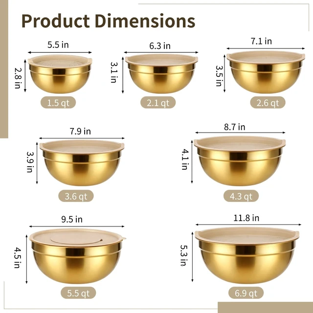 Alt view image 4 of 6 - 20 PCS Gold Mixing Bowls with Lids Set - 7 Mixing Bowls with 3 Graters, 8 Measuring Spoons, 1 Whisk, and 1 Food Tong, Nesting Bowl Set for Baking, Cooking, Meal Prep