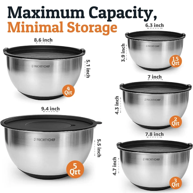 Alt view image 3 of 7 - Priority Chef Stainless Steel Mixing Bowls with Lids Set, 3 Grater Attachments, Airtight Lids, Non-Slip Silicone Base Mixing Bowl Set, Large Prep Metal Mixing Bowls for Kitchen, Black