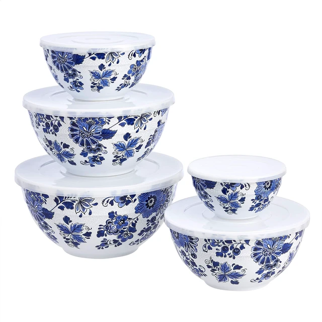 Main image of Amazon Basics Mixing Bowls with Lids, Nesting Melamine Serving Bowls, Non-Slip Base, BPA Free, Dishwasher Safe, 5 Sizes, Blue and White Floral, Set of 10
