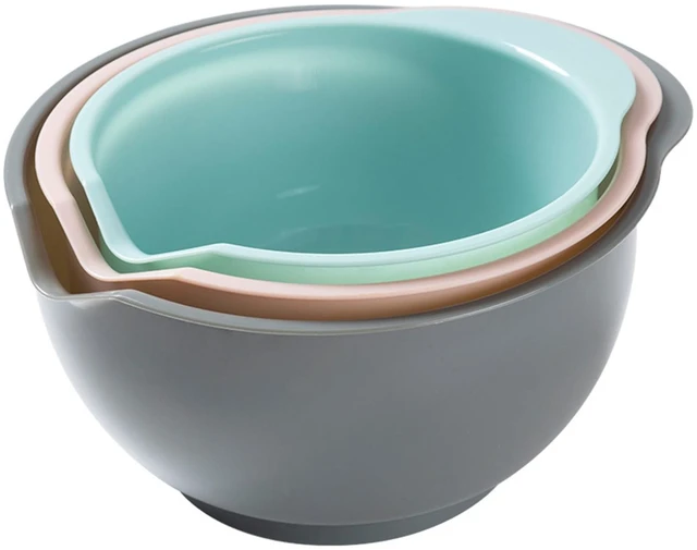 Main image of Set of 3 Mixing Bowls with Pour Spout-Nesting Design Saves Space - Non-Slip, BPA Free, Dishwasher Safe Plastic - Kitchen Cooking and Baking Supplies (Green Pink Grey)