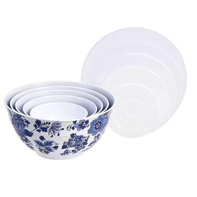 Alt view image 2 of 4 - Amazon Basics Mixing Bowls with Lids, Nesting Melamine Serving Bowls, Non-Slip Base, BPA Free, Dishwasher Safe, 5 Sizes, Blue and White Floral, Set of 10