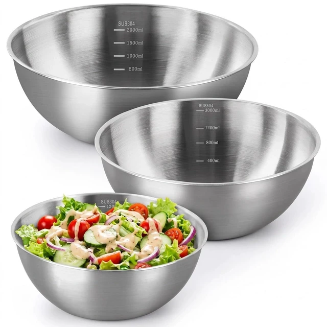 Main image of Stainless Steel Mixing Bowls Set of 3 - 9.84", 8.66" & 7.5" Metal Mixing Bowls, 3.3 Qt, 2 Qt & 1.5 Qt Stainless Steel Salad Bowls, Durable 304 Stainless Steel Bowl for Kitchen, Baking, and Meal Prep