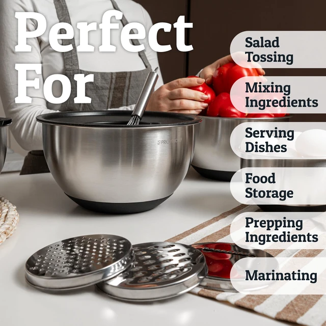 Alt view image 5 of 7 - Priority Chef Stainless Steel Mixing Bowls with Lids Set, 3 Grater Attachments, Airtight Lids, Non-Slip Silicone Base Mixing Bowl Set, Large Prep Metal Mixing Bowls for Kitchen, Black