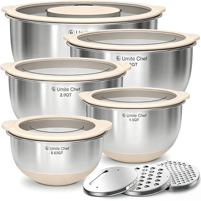 Main image of Mixing Bowles Set with Lids Set - Warp-Proof TPR-AS Lids, Stainless Steel Mixing Bowl with 3 Graters & Measuring Lines, Non-Slip Bowls for Baking, Prep, Airtight Food Storage (Khaki 5/3/2/1.5/0.63QT)