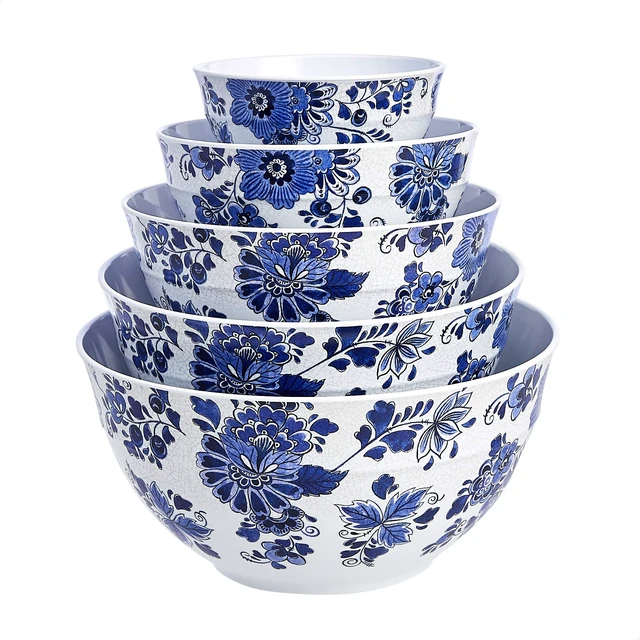 Alt view image 3 of 4 - Amazon Basics Mixing Bowls with Lids, Nesting Melamine Serving Bowls, Non-Slip Base, BPA Free, Dishwasher Safe, 5 Sizes, Blue and White Floral, Set of 10