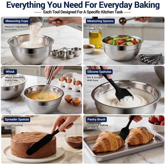 Alt view image 5 of 7 - WEPSEN Mixing Bowls Set, 25PCS Stainless Steel Mixing Bowl with Lid Set, Large Nesting Bowls 7, 4.5, 3,2, 1.5QT, Measuring Cups and Spoons Baking Utensils Metal Bowl for Kitchen Prep