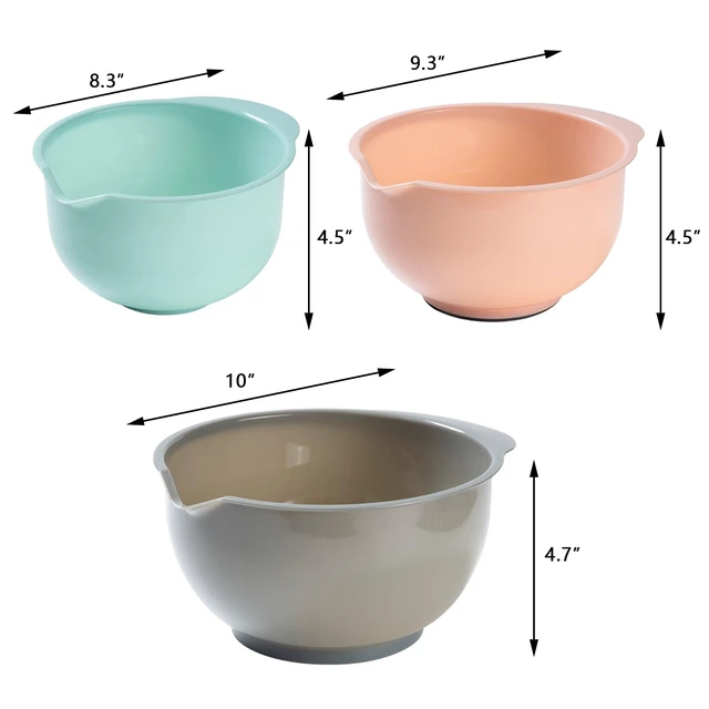 Alt view image 2 of 7 - Set of 3 Mixing Bowls with Pour Spout-Nesting Design Saves Space - Non-Slip, BPA Free, Dishwasher Safe Plastic - Kitchen Cooking and Baking Supplies (Green Pink Grey)