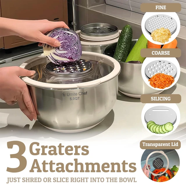Alt view image 2 of 7 - Mixing Bowles Set with Lids Set - Warp-Proof TPR-AS Lids, Stainless Steel Mixing Bowl with 3 Graters & Measuring Lines, Non-Slip Bowls for Baking, Prep, Airtight Food Storage (Khaki 5/3/2/1.5/0.63QT)