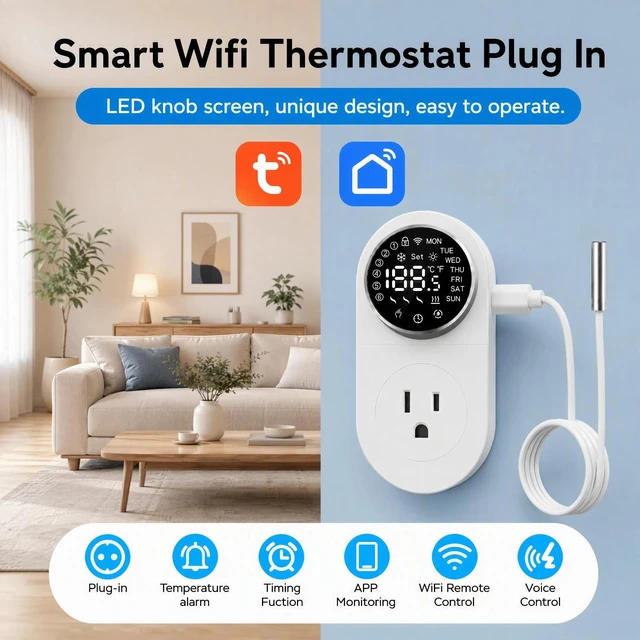 Alt view image 2 of 6 - Plug in WiFi Thermostat, Knob Temp Controller with Probe, App Control
