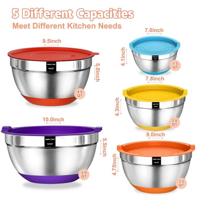 Alt view image 2 of 7 - Umite Chef Mixing Bowls with Airtight Lids Set, 8PCS Stainless Steel Nesting Bowls Set, 3 Grater Attachments & Non-Slip Bottoms, Size 5, 4, 3.5, 2, 1.5QT for Baking & Mixing(Colorful)