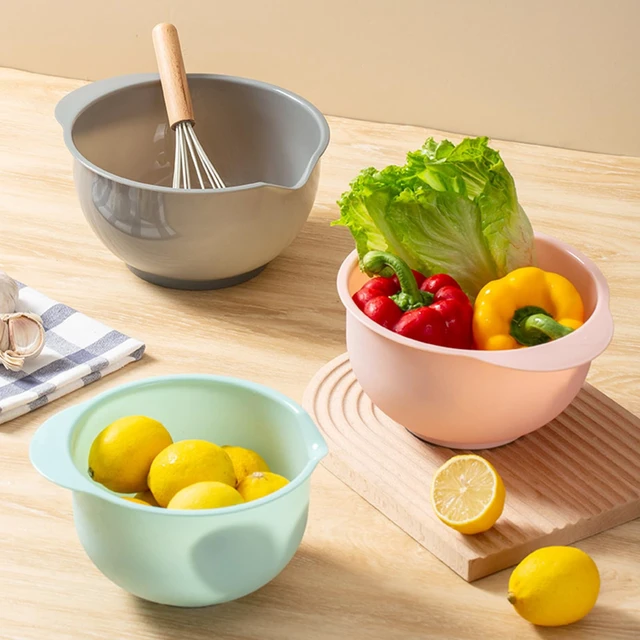 Alt view image 3 of 7 - Set of 3 Mixing Bowls with Pour Spout-Nesting Design Saves Space - Non-Slip, BPA Free, Dishwasher Safe Plastic - Kitchen Cooking and Baking Supplies (Green Pink Grey)