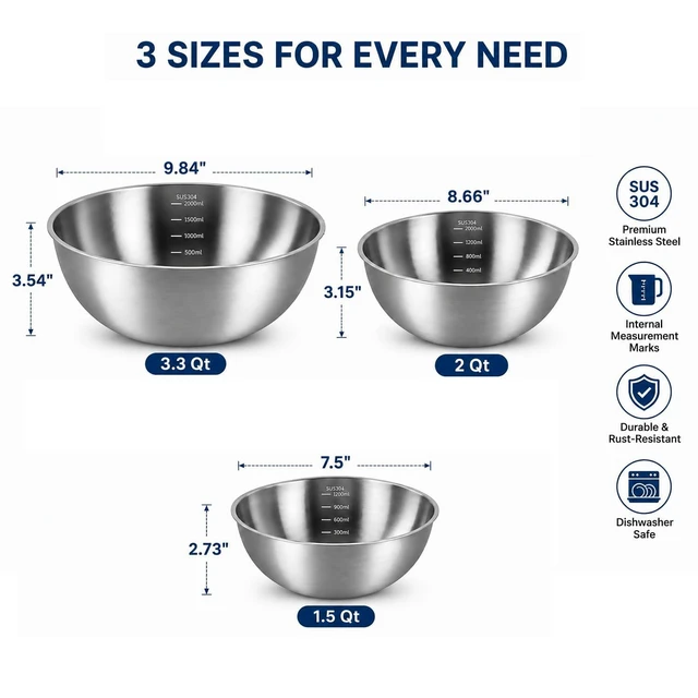 Alt view image 2 of 7 - Stainless Steel Mixing Bowls Set of 3 - 9.84", 8.66" & 7.5" Metal Mixing Bowls, 3.3 Qt, 2 Qt & 1.5 Qt Stainless Steel Salad Bowls, Durable 304 Stainless Steel Bowl for Kitchen, Baking, and Meal Prep