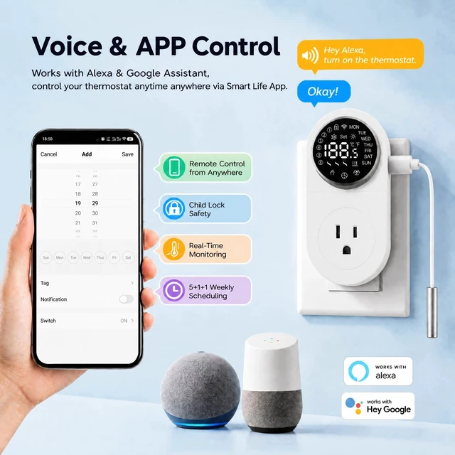 Alt view image 3 of 6 - Plug in WiFi Thermostat, Knob Temp Controller with Probe, App Control