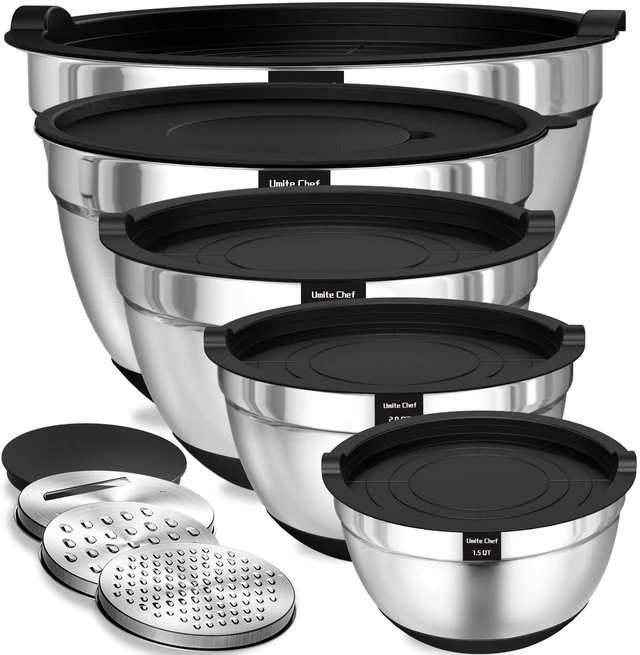 Main image of Umite Chef Mixing Bowls with Airtight Lids Set, 8PCS Stainless Steel Nesting Bowls Set, 3 Grater Attachments & Non-Slip Bottoms, Size 5, 4, 3.5, 2, 1.5QT for Baking & Mixing(Black)