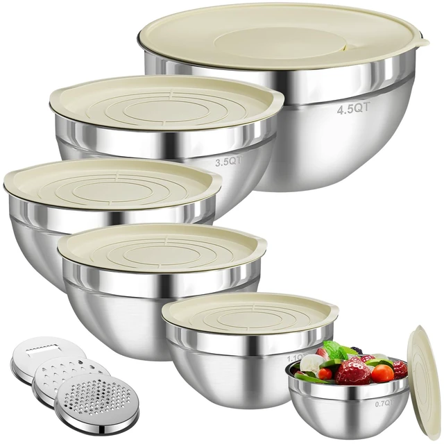 Main image of Mixing Bowls with Lids Set, 6 PCS Stainless Steel Mixing Bowls with 3 Grater Attachments, Kitchen Food Storage Organizers Nesting Mixing Bowl, Large Size 4.5, 3.5, 2.1, 1.5, 1.1, 0.7QT
