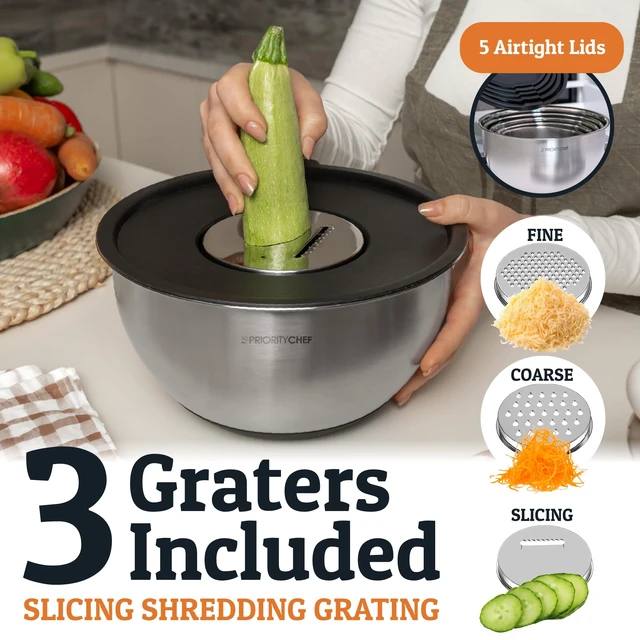Alt view image 7 of 7 - Priority Chef Stainless Steel Mixing Bowls with Lids Set, 3 Grater Attachments, Airtight Lids, Non-Slip Silicone Base Mixing Bowl Set, Large Prep Metal Mixing Bowls for Kitchen, Black