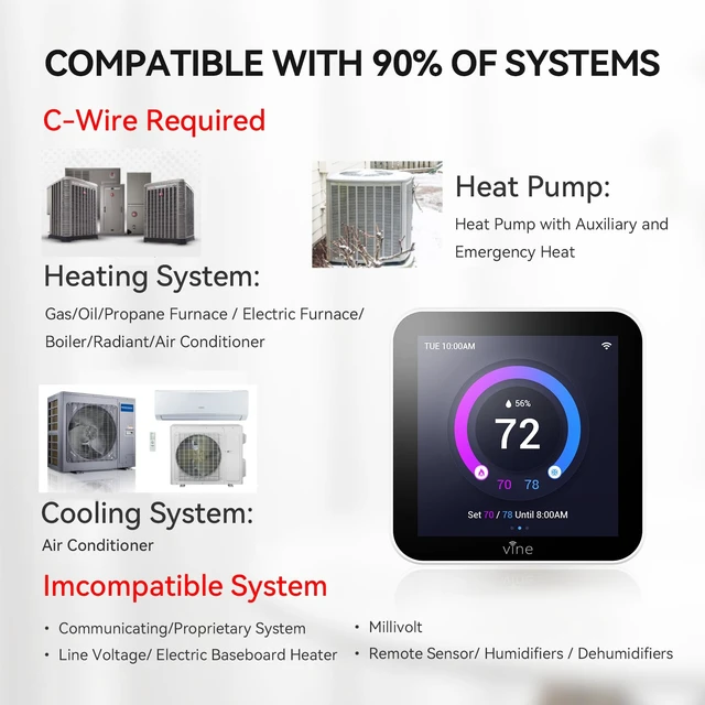 Alt view image 3 of 7 - vine Smart Thermostat Larger Color Screen Thermostats for Home Heat and AC, 7 Day Programmable WiFi Thermostat App Control Compatible with Alexa and Google Assistant, C-Wire Required